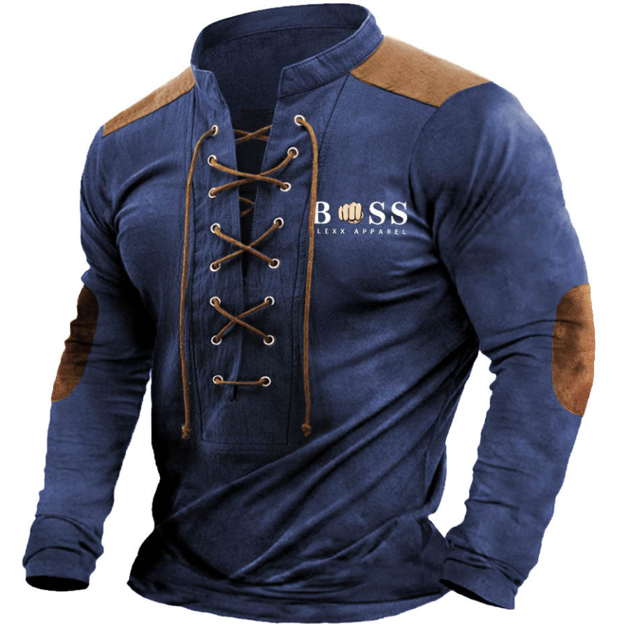 

Мужская футболка Boss на шнуровке с воротником-стойкой в винтажном стиле с длинным рукавом и цветными блоками уличные повседневные топы