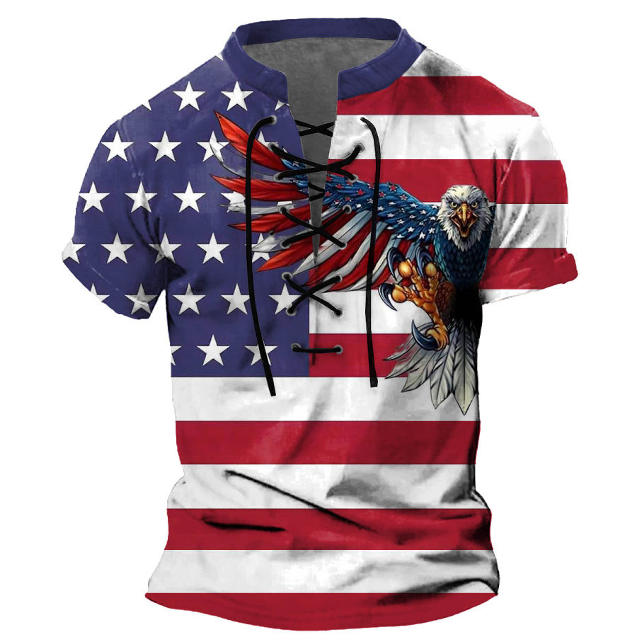 

Мужская футболка с американским флагом Eagle винтажные летние повседневные топы на шнуровке с воротником-стойкой и короткими рукавами