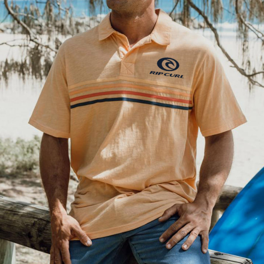 

T-shirt Polo Rayé à Manches Courtes Rip Curl Surf Beach Vintage Des Années 90 Pour Hommes