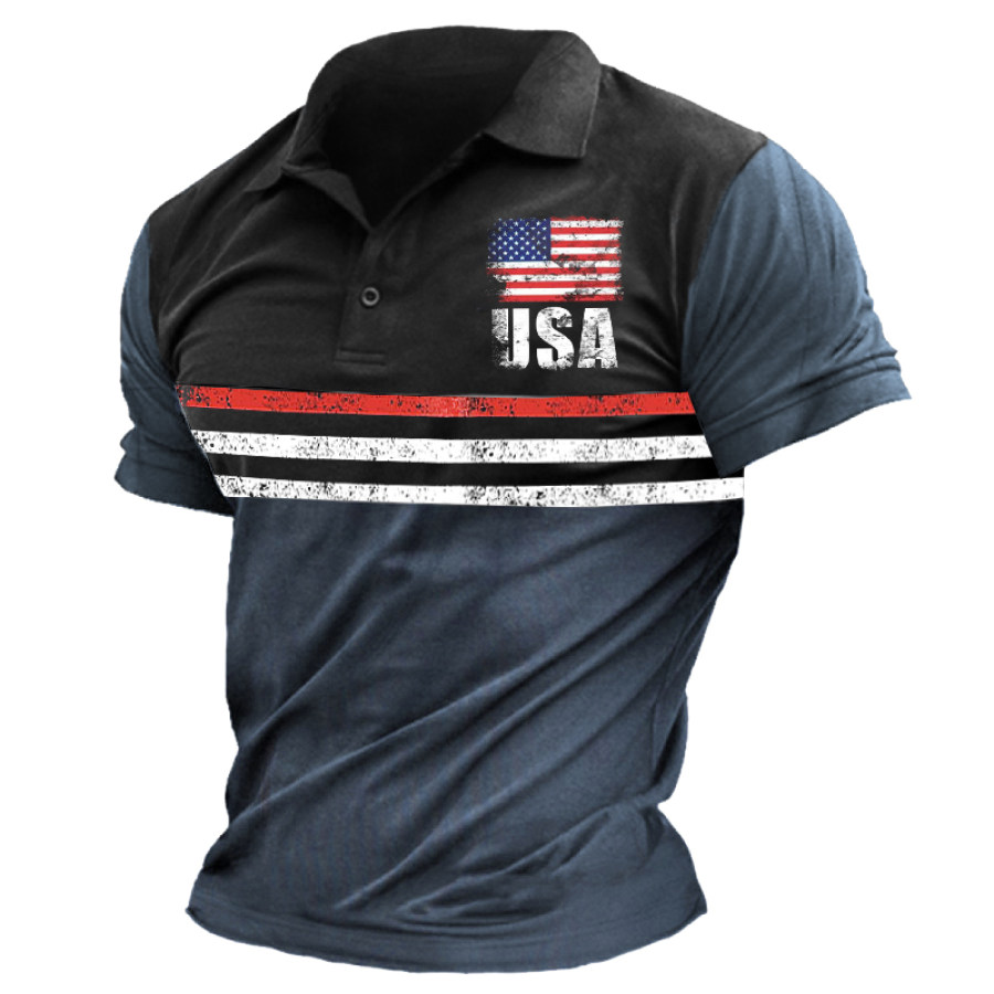 

Men's American Flag Vintage Printed Patchwork Contrasting Polo Shirt