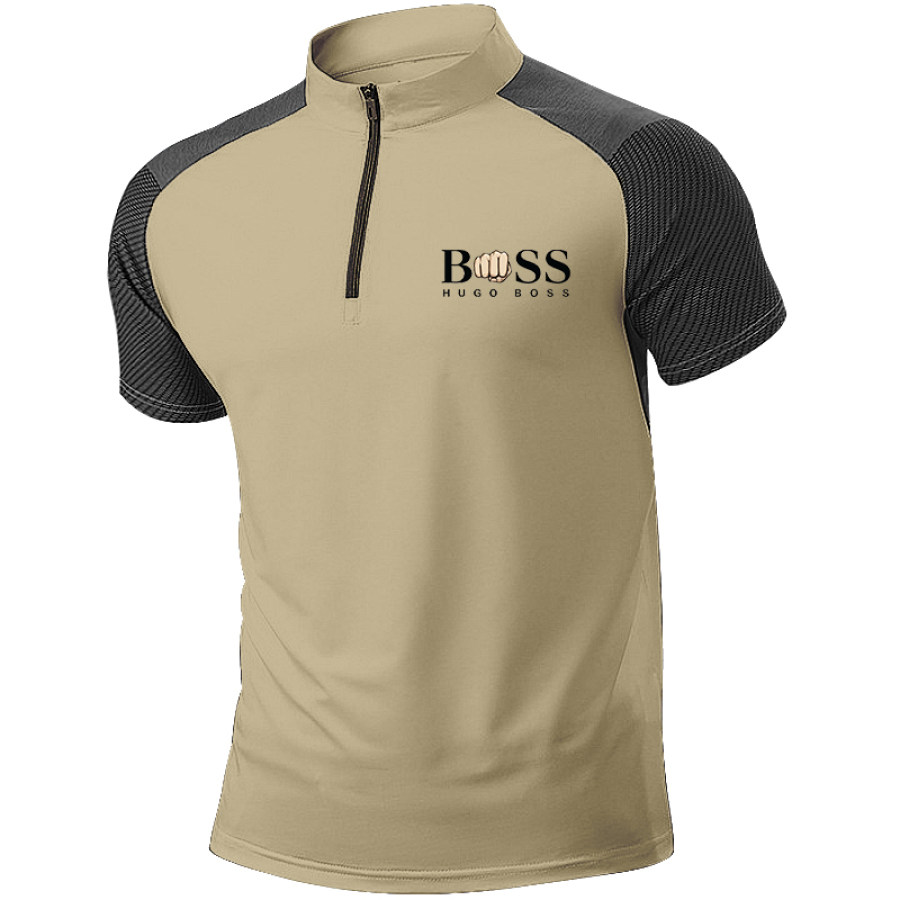 

Мужская уличная футболка с короткими рукавами и молнией 1/4 Boss в стиле ретро