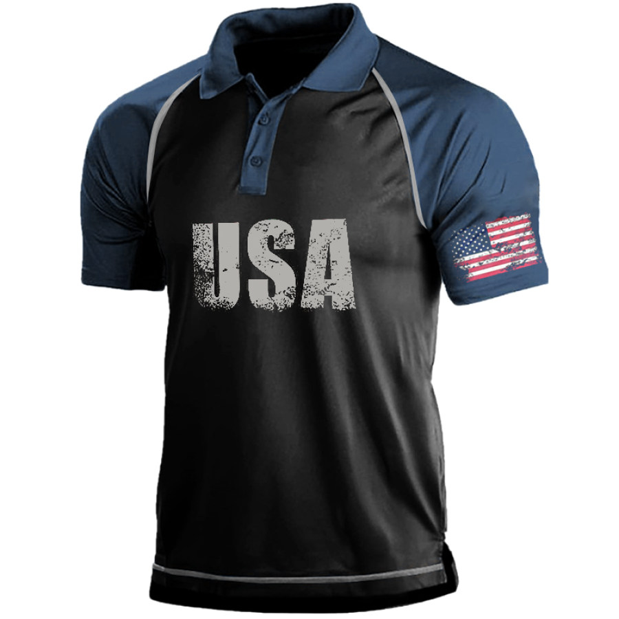 

Мужская лоскутная рубашка-поло с винтажным принтом американского флага и контрастным принтом