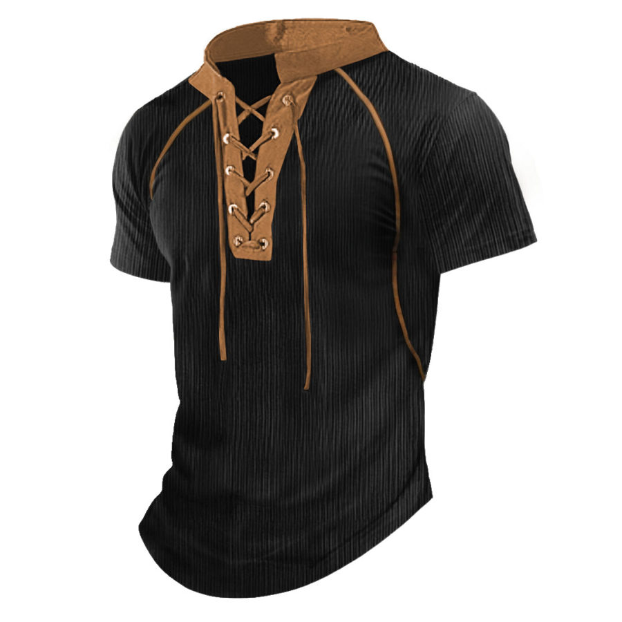 

Men's T-Shirt Vintage Ribbed Lightweight Corduroy Lace-Up Stand Collar Short Sleeve Color Block Summer Daily Tops