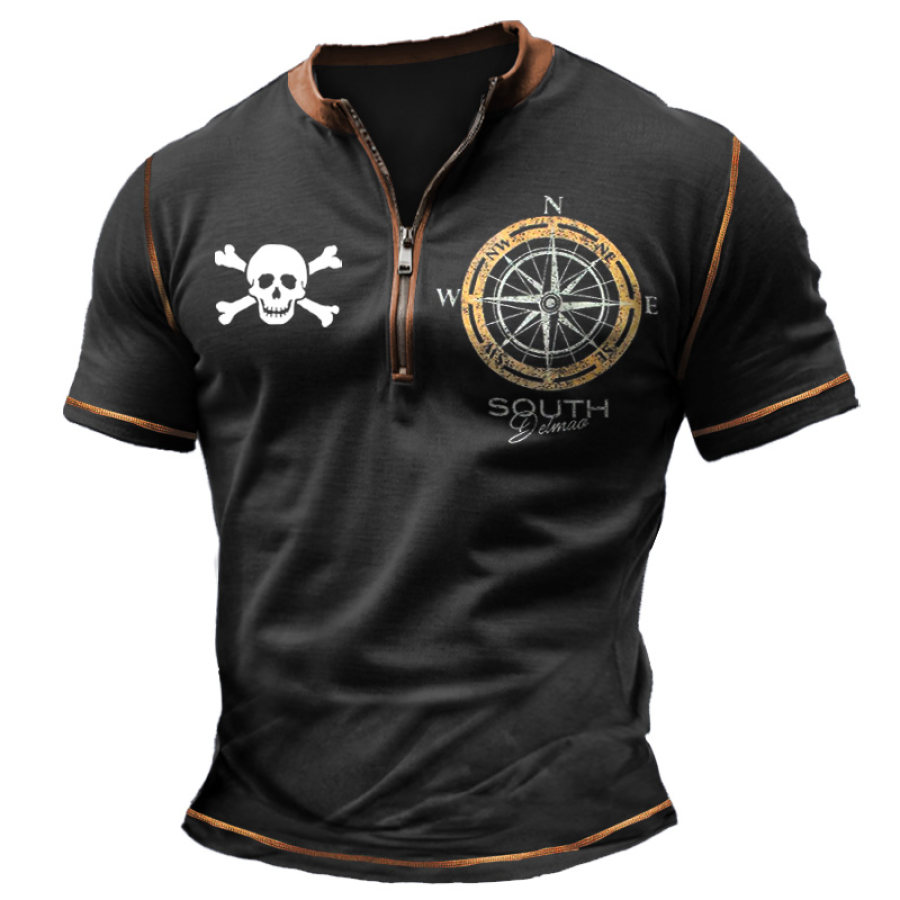 

Men's Vintage Nautical Compass Skull Color Block Zipper Henley Collar T-Shirt