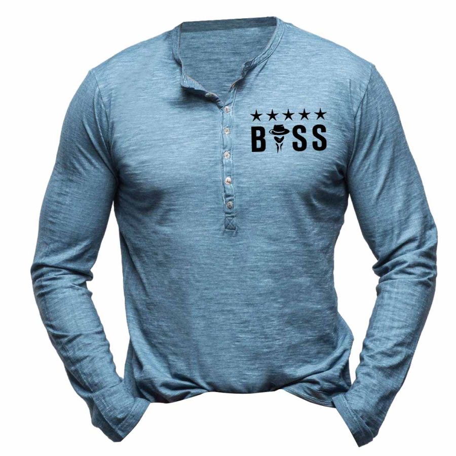 

Camiseta Para Hombre Boss Manga Larga Henley Vintage Tops Diarios Al Aire Libre