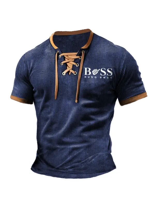 Men's T-Shirt Boss Ribbed Lightweight Corduroy Vintage Lace-Up Short Sleeve Color Block Summer Daily Tops - Spiretime.com 
