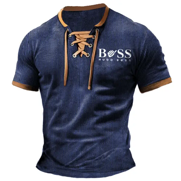 Men's T-Shirt Boss Ribbed Lightweight Corduroy Vintage Lace-Up Short Sleeve Color Block Summer Daily Tops - Blaroken.com 