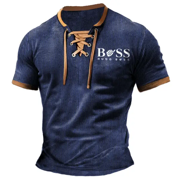 Men's T-Shirt Boss Ribbed Lightweight Corduroy Vintage Lace-Up Short Sleeve Color Block Summer Daily Tops - Cotosen.com Men's T-Shirt Boss Ribbed Lightweight Corduroy Vintage Lace-Up Short Sleeve Color Block Summer Daily Tops - Cotosen.com