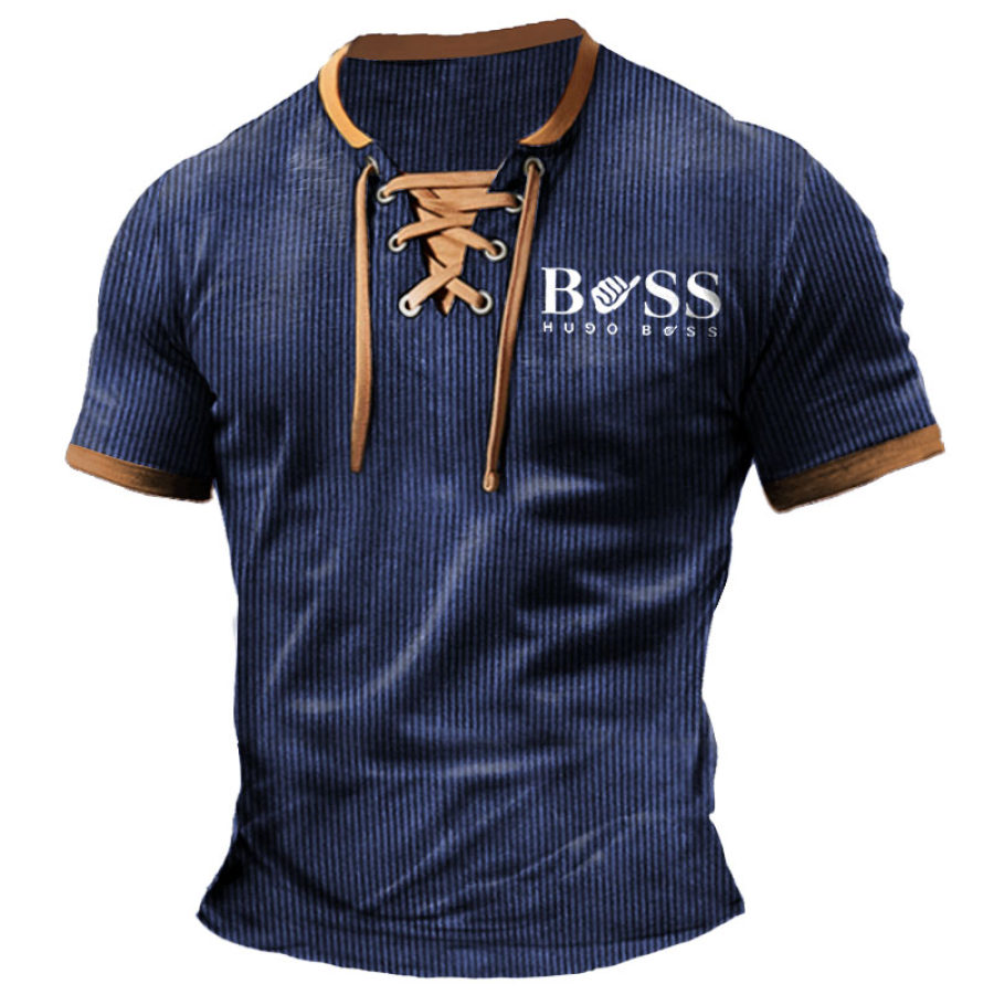 

Herren-T-Shirt Boss Ribbed Lightweight Corduroy Vintage Lace-Up Short Sleeve Color Block Summer Daily Tops