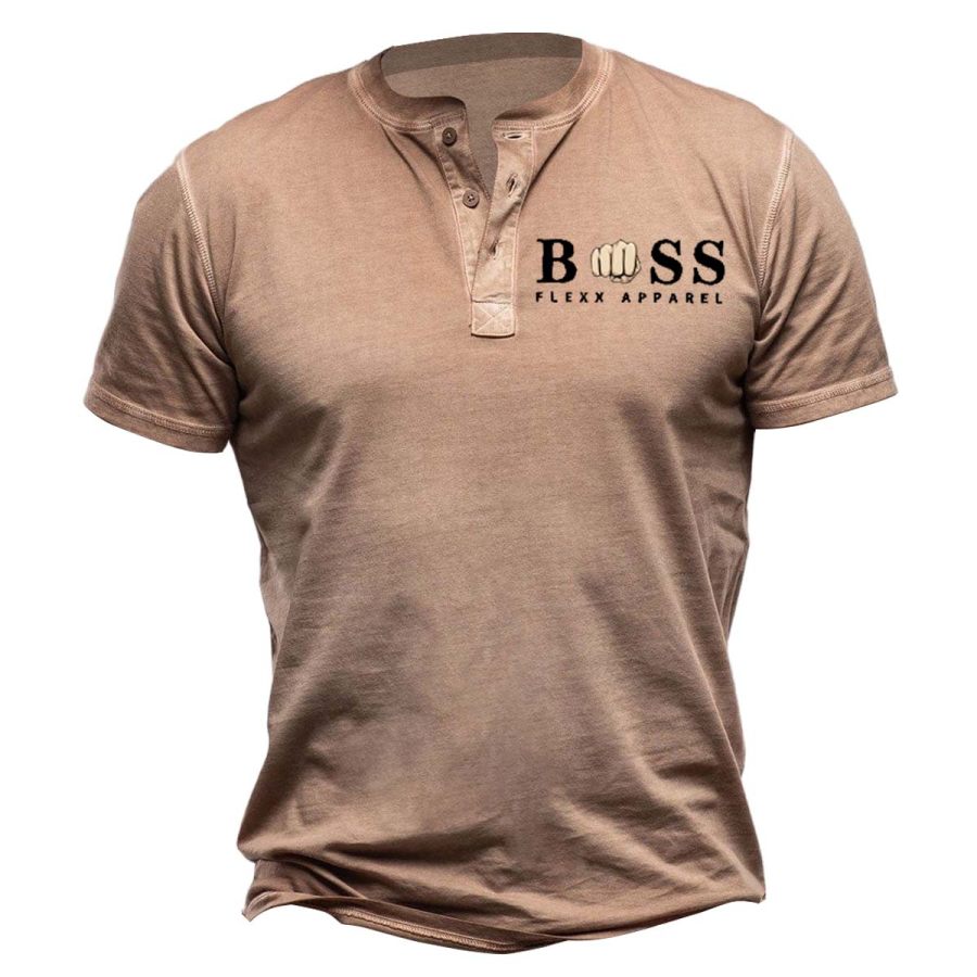 

T-Shirt Homme Boss Vintage Col Henley Manches Courtes Été Quotidien Hauts