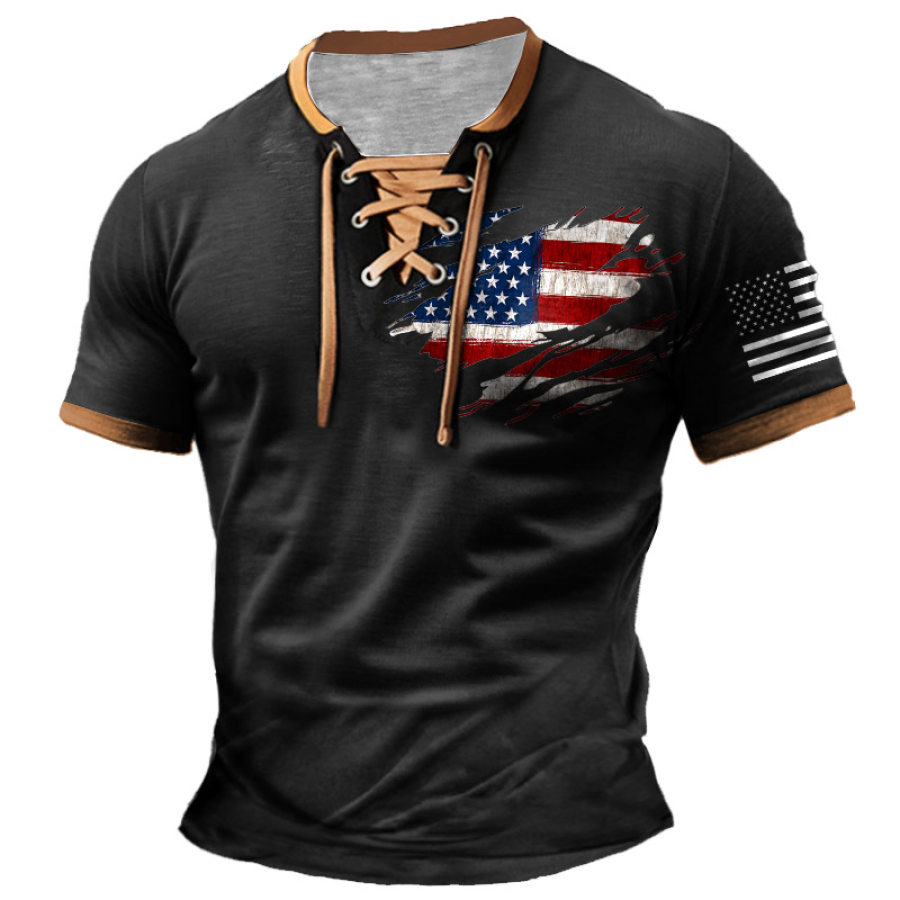 

Men's T-Shirt American Flag Patriotic Vintage Lace-Up Short Sleeve Color Block Summer Daily Tops