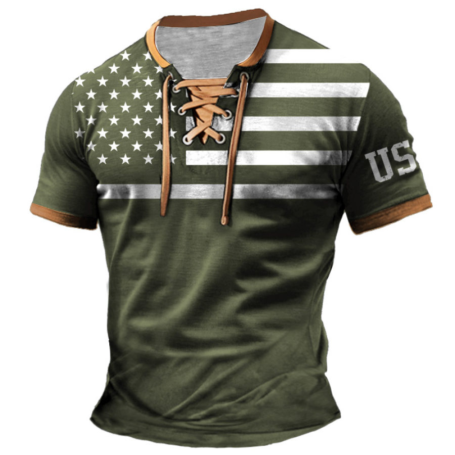 

Men's T-Shirt American Flag USA Patriotic Vintage Lace-Up Short Sleeve Color Block Summer Daily Tops