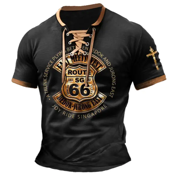 Men's T-Shirt Route 66 Cross Vintage Lace-Up Short Sleeve Color Block Summer Daily Tops - Blaroken.com 