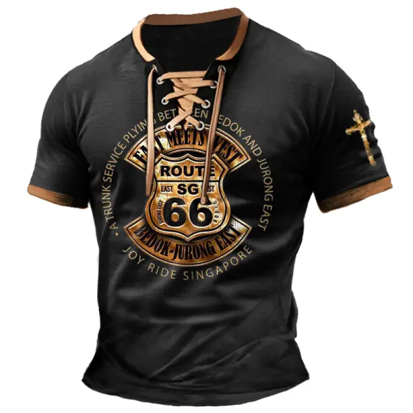 Men's T-Shirt Route 66 Cross Vintage Lace-Up Short Sleeve Color Block Summer Daily Tops - Cotosen.com Men's T-Shirt Route 66 Cross Vintage Lace-Up Short Sleeve Color Block Summer Daily Tops - Cotosen.com