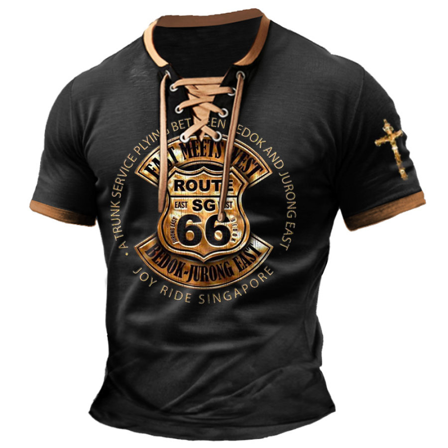 

Мужская футболка Route 66 Cross Vintage на шнуровке с короткими рукавами и цветными блоками Летние повседневные топы