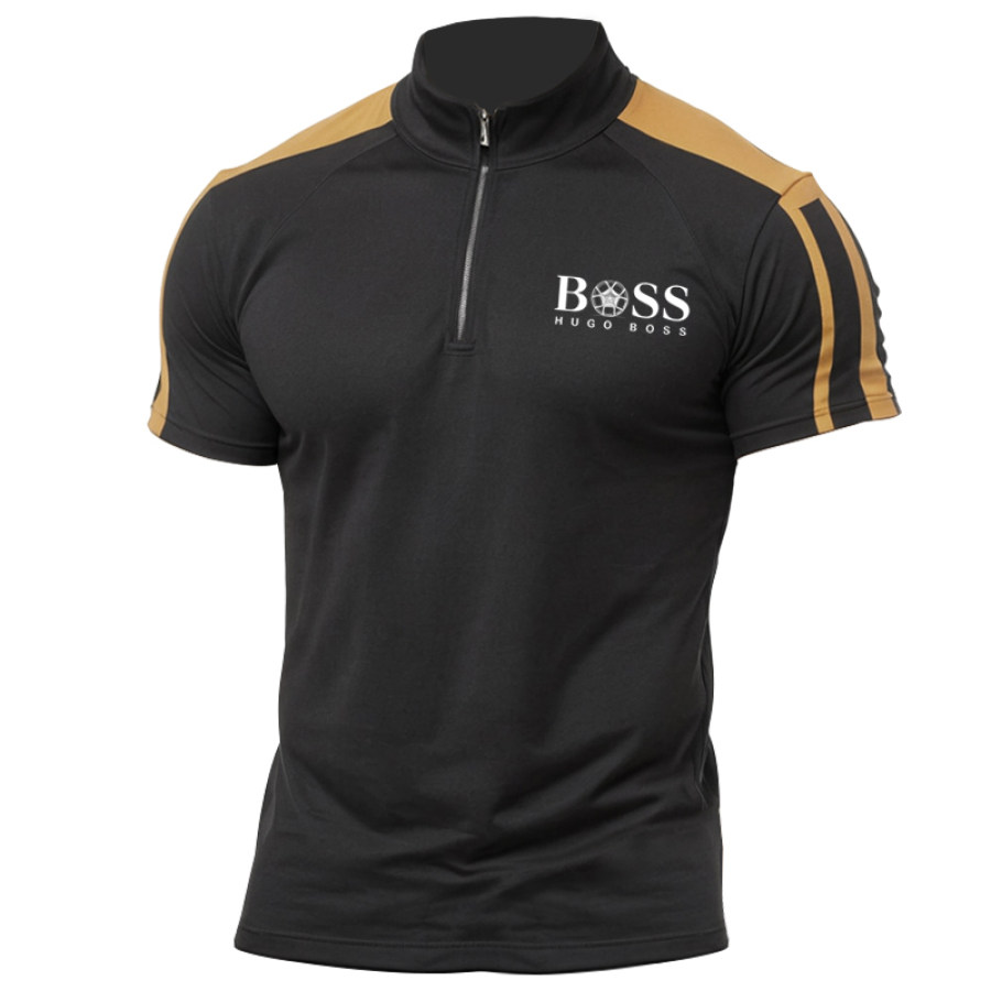 

Men's Boss Zipper Stand Up Collar Printed Contrasting Color Short Sleeved T-shirt