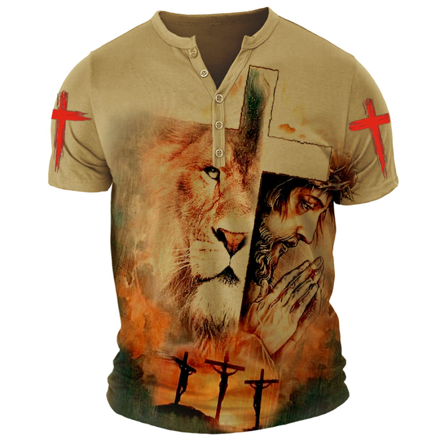 

Men's Henry Collar Lion And Jesus Cross Print Vintage Short Sleeved T-shirt