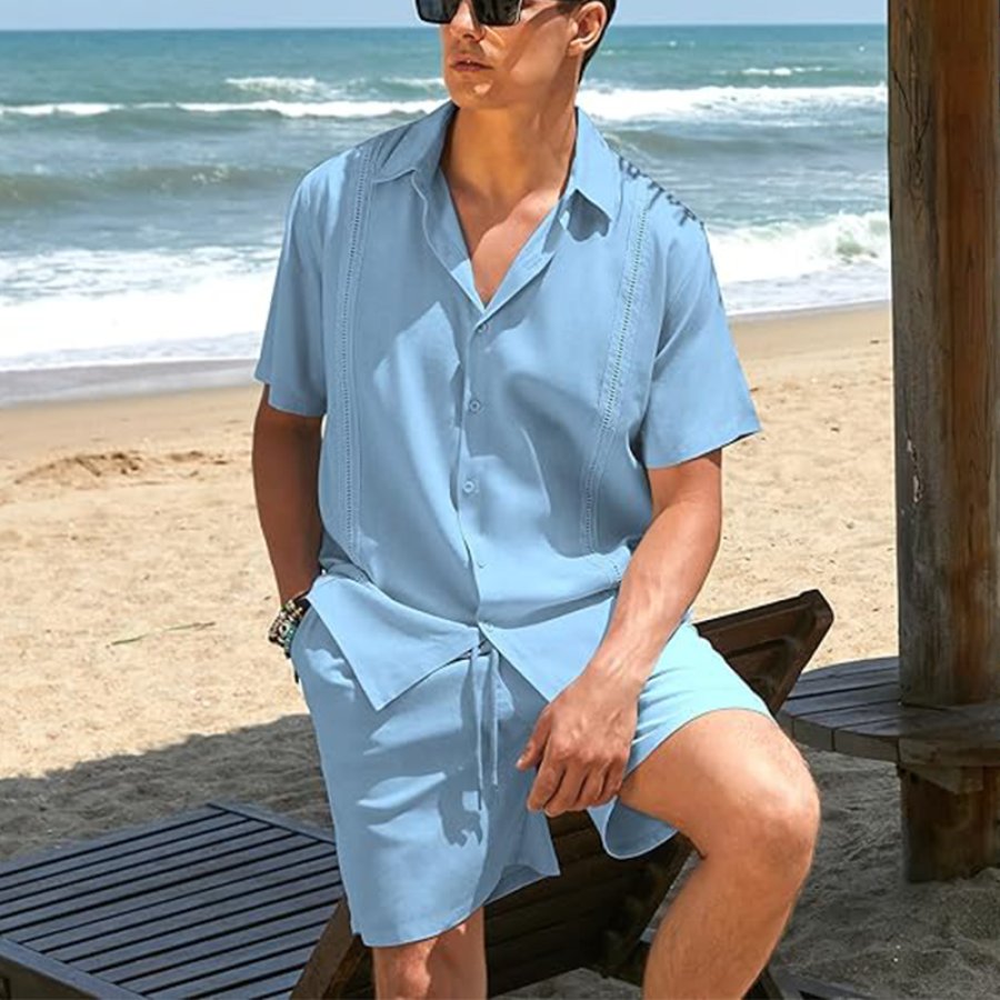 

Men's Outdoor Leisure Beach Vacation Editing Edge Strips Linen Sets