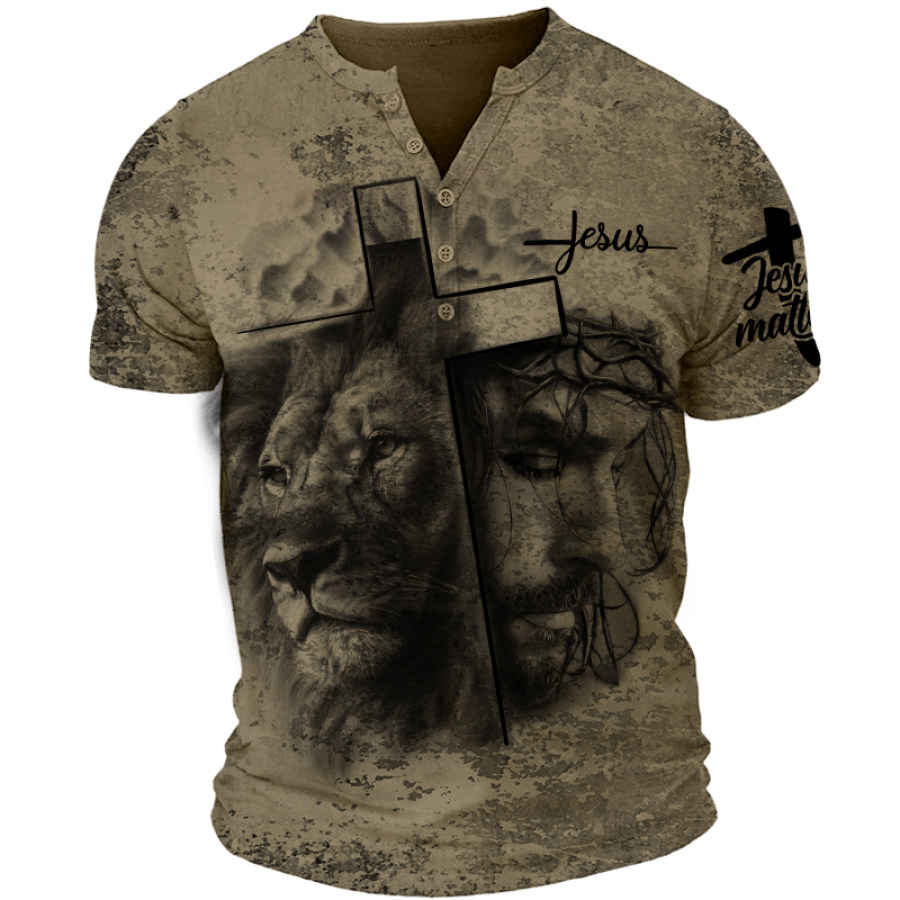 

Herren-T-Shirt Mit Henry-Kragen-Löwen- Und Jesus-Kreuz-Print Im Vintage-Stil Kurzärmelig