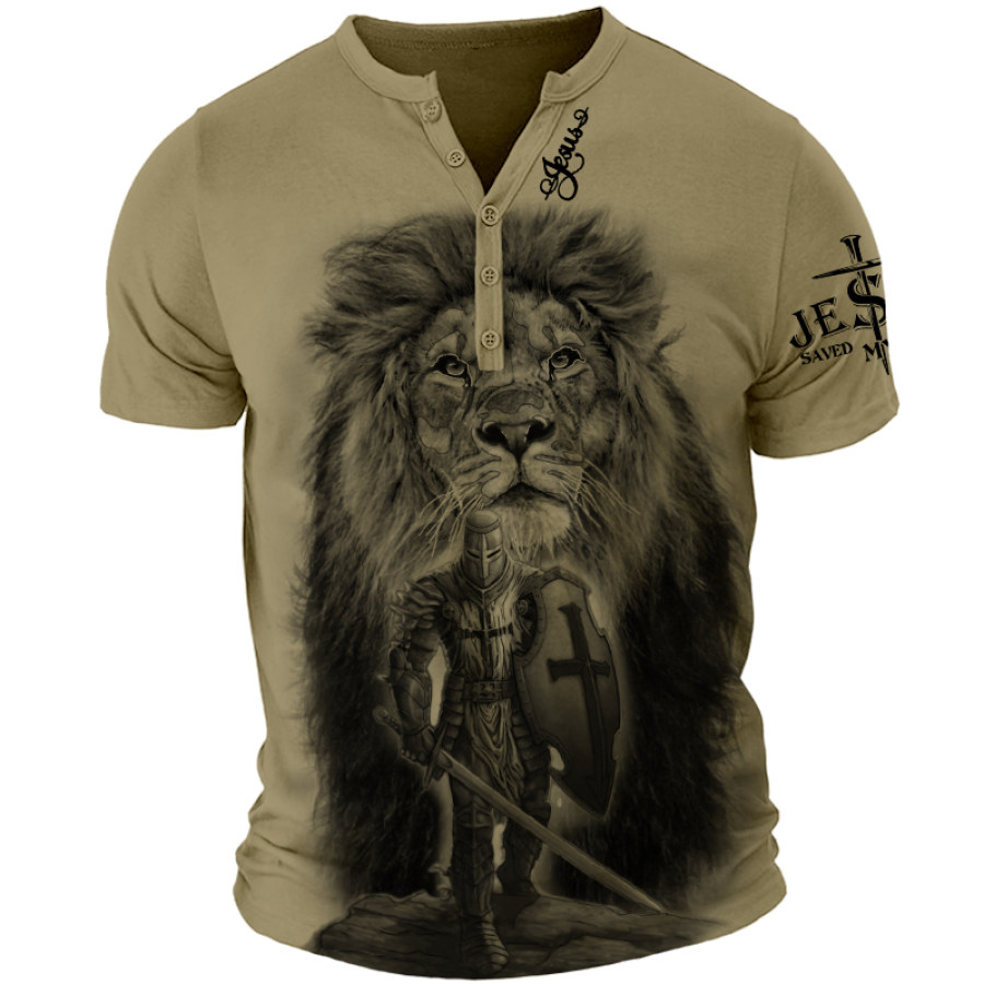 

Men's Henry Collar Lion And Paladin Jesus Cross Print Vintage Short Sleeved T-shirt