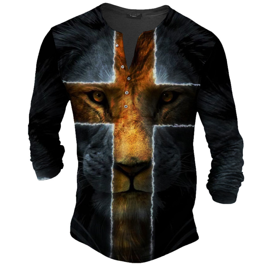 

Мужская винтажная футболка с длинными рукавами и воротником Генри с принтом льва и креста