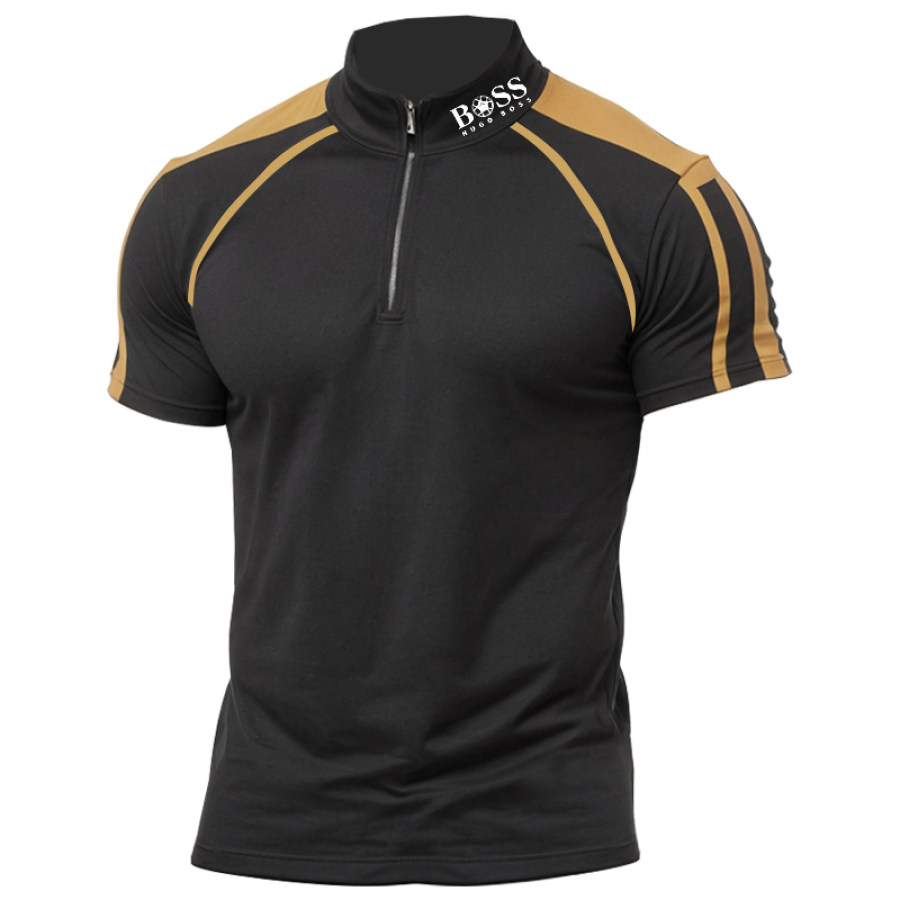 

Men's Boss Zipper Stand Up Collar Printed Contrasting Color Short Sleeved T-shirt