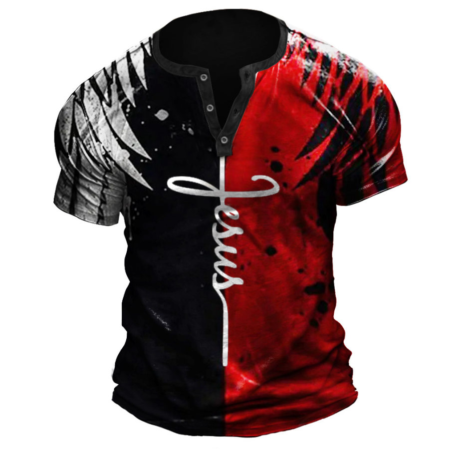 

Мужская винтажная футболка Henley с принтом крыльев Иисуса черная красная с цветными блоками
