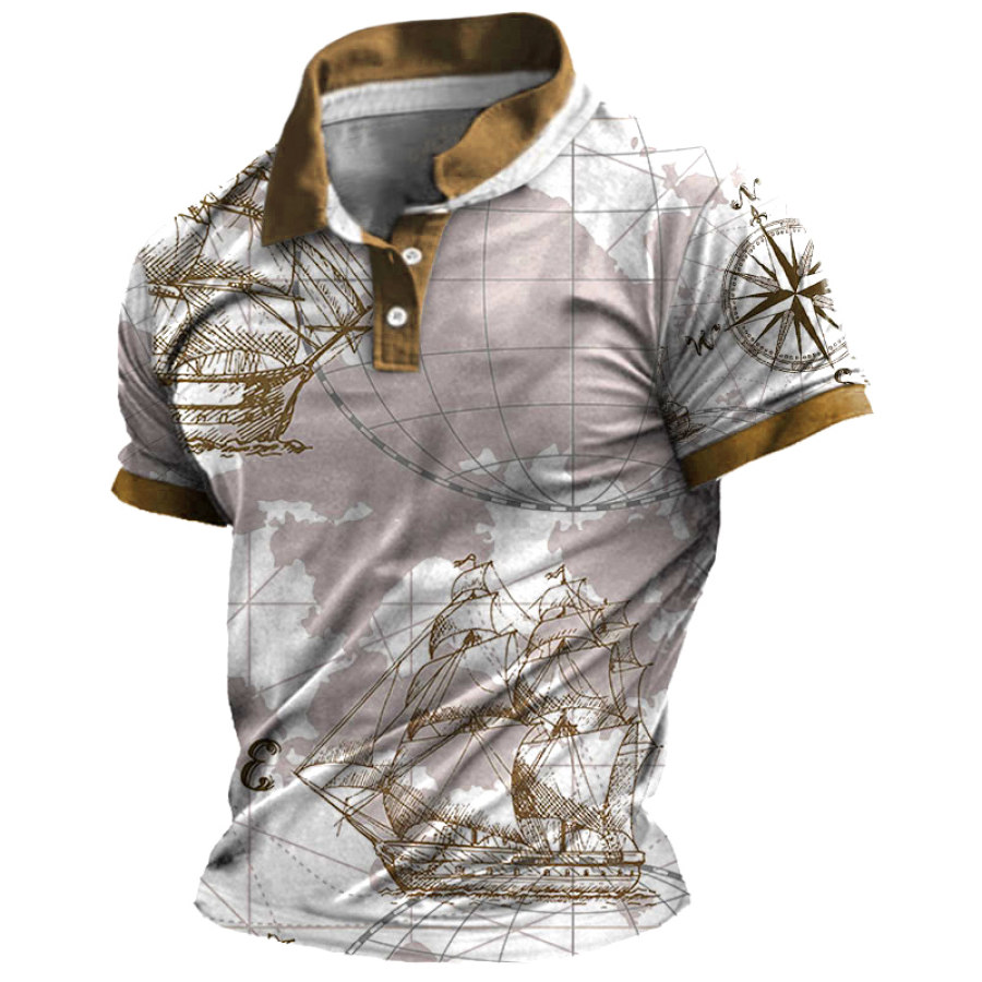 

Men's Vintage Nautical Map Color Block Polo Short Sleeve Casual T-Shirt