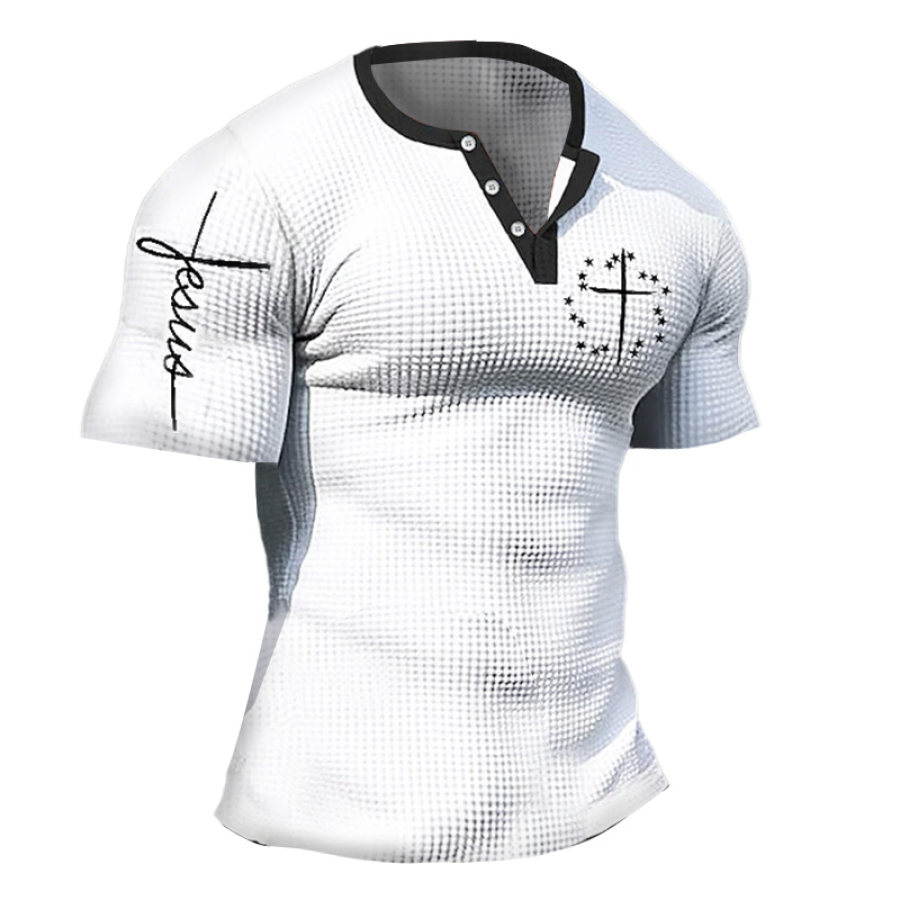 

Мужская винтажная повседневная футболка с коротким рукавом и вафельным крестом Иисуса Пасхи Хенли с цветными блоками