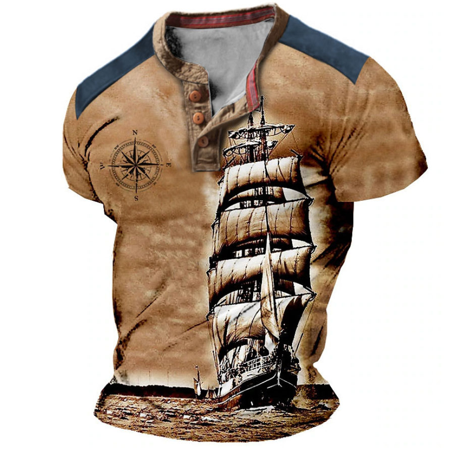 

Men's Vintage Nautical Sailing Compass Color Block Henley Short Sleeve Casual T-Shirt