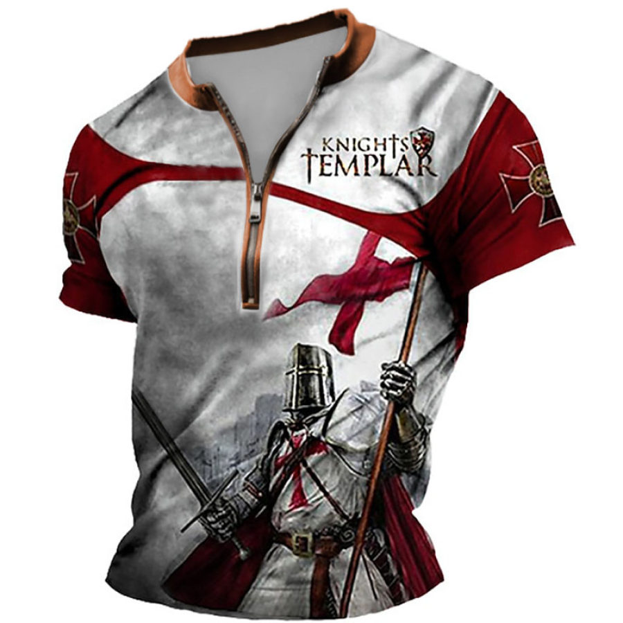 

Men's Vintage Templar Cross Zipper Henley Collar T-Shirt