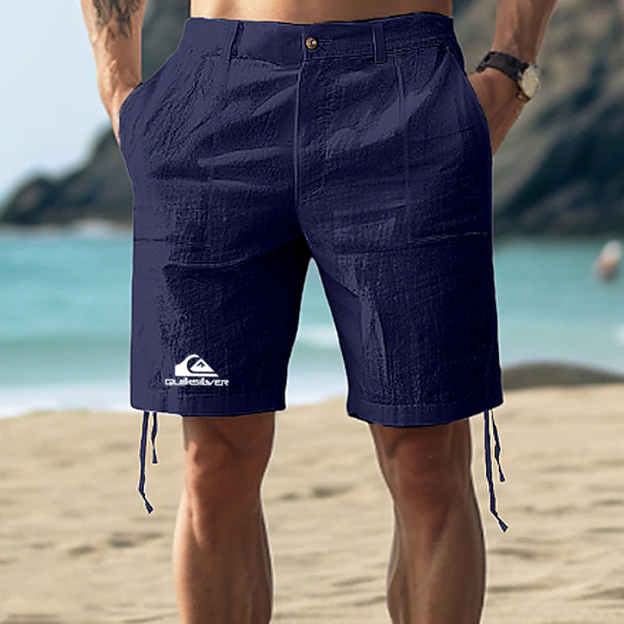 

Herren-Shorts Aus Leinen Mit Strandurlaub-Aufdruck Surf-Freizeithose Saum Und Krawatte