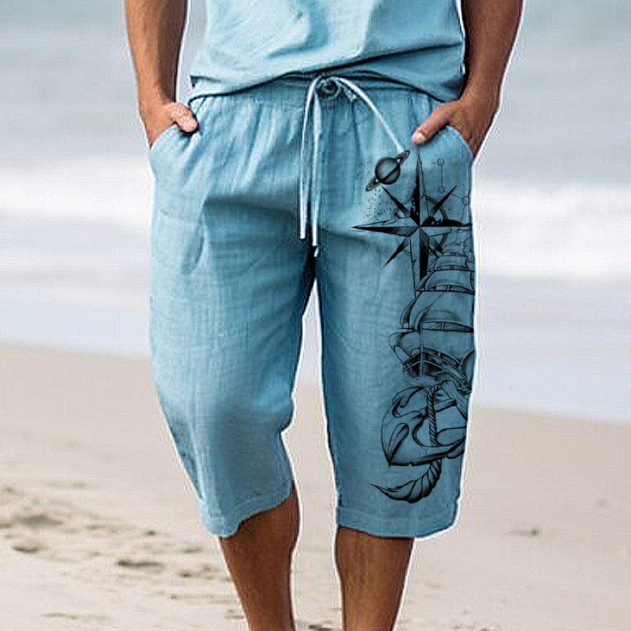 

Men's Nautical Compass Printed Drawstring Linen Cropped Shorts