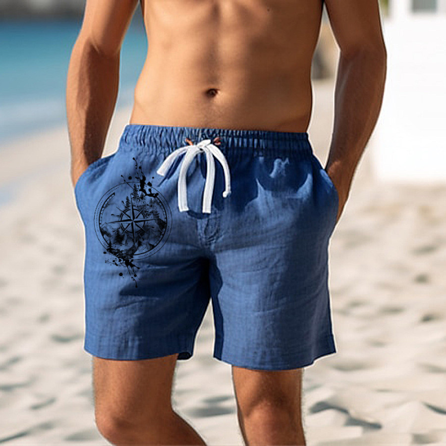 

Men's Nautical Compass Printed Drawstring Linen Shorts