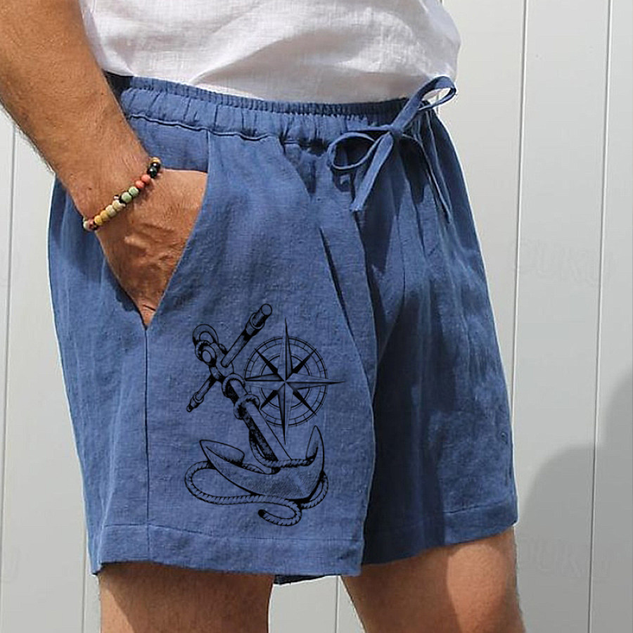 

Shorts De Lino Con Cordón Y Estampado De Brújula Náutica Para Hombre