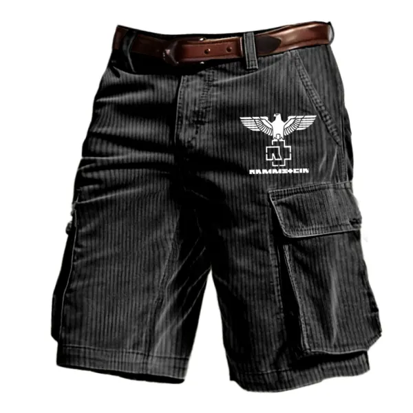 Men's Corduroy Rammstein Rock Band Print Outdoor Vintage Multi Pocket Shorts - Manlyhost.com 