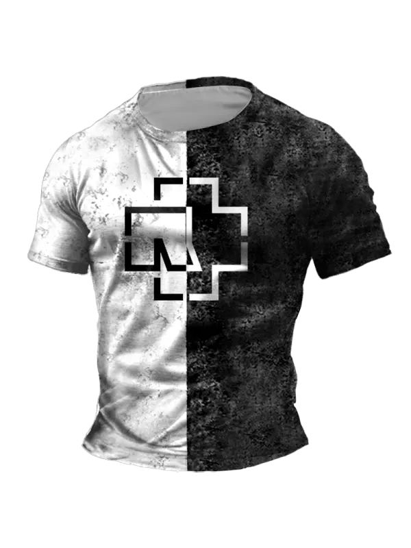 Men's Vintage Rammstein Rock Band Black And White Print Daily Short Sleeve Crew Neck T-Shirt - Anrider.com 