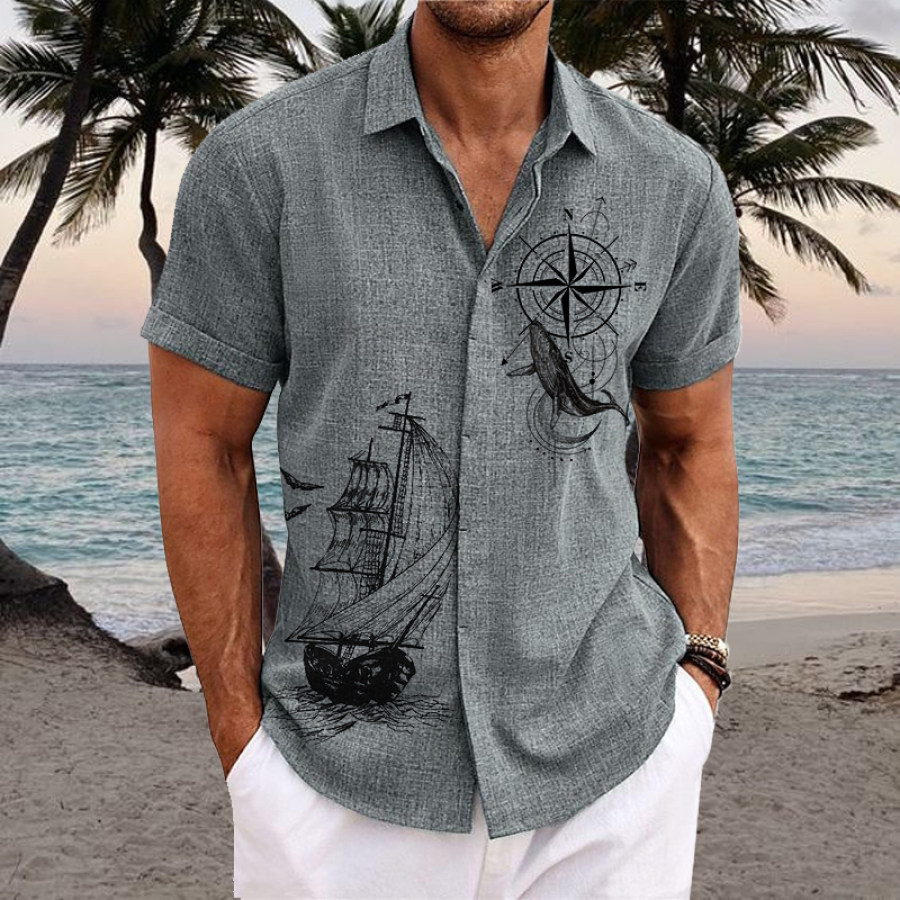 

Men's Nautical Compass Print Lapel Button Linen Shirt