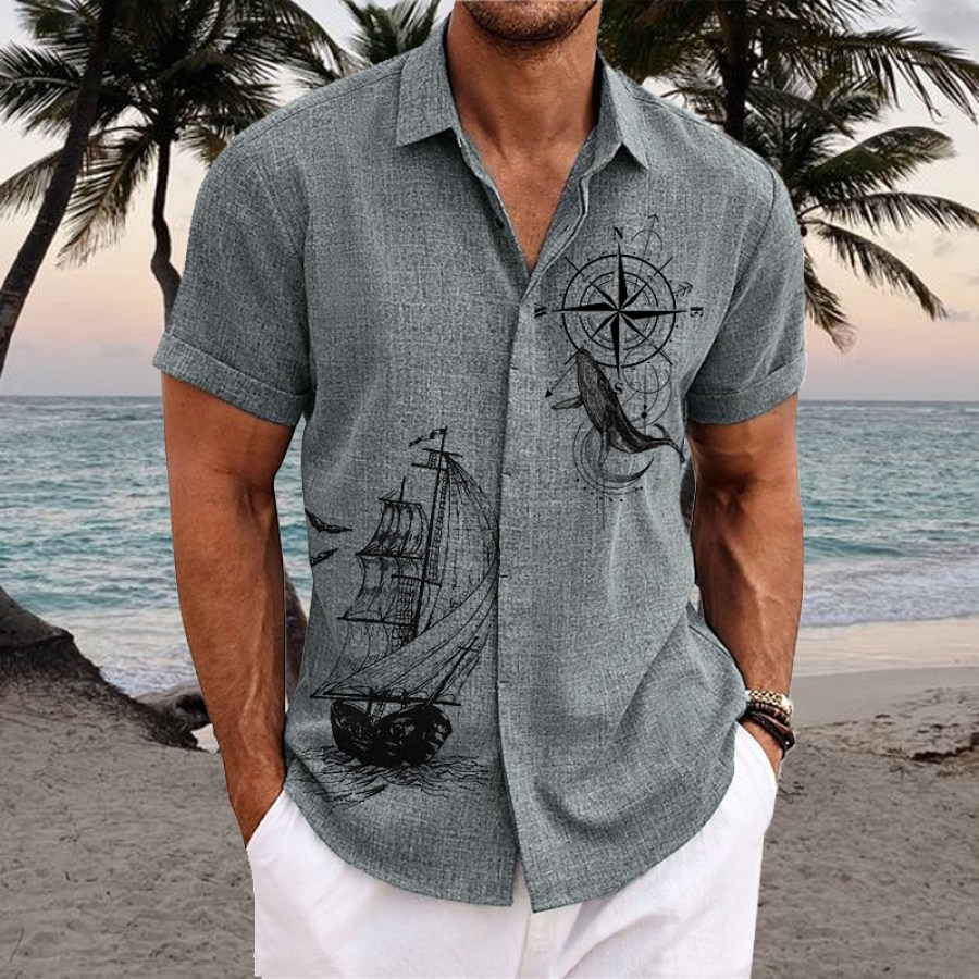 

Camisa De Lino Con Botones De Solapa Y Estampado De Brújula Náutica Para Hombre