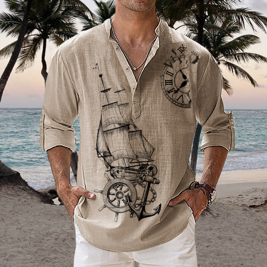 

Men's Nautical Compass Printed V-neck Button Linen Shirt Top