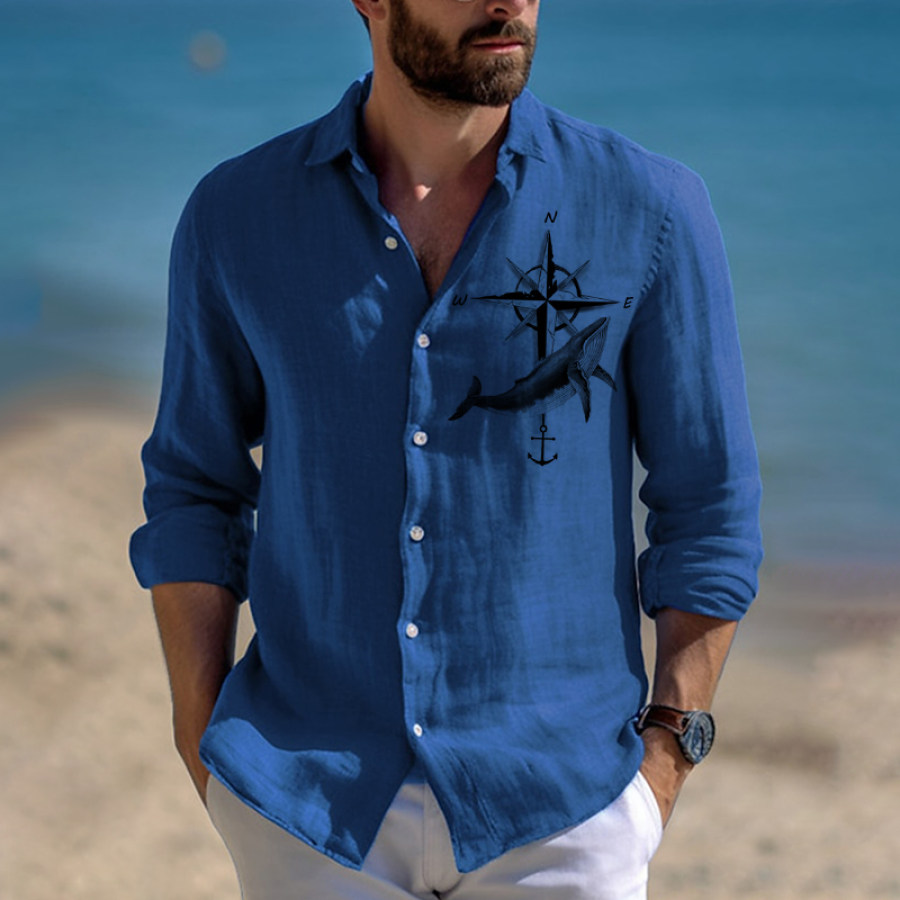 

Men's Nautical Compass Print Button Lapel Long Sleeved Linen Shirt
