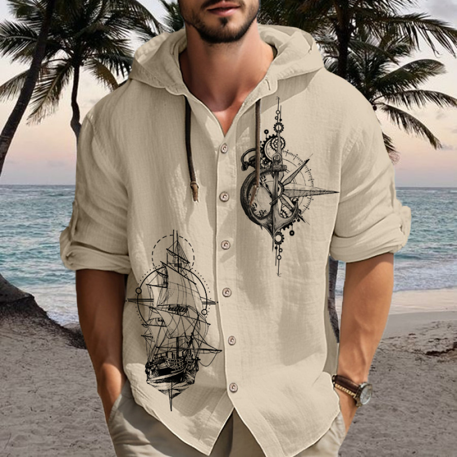 

Men's Nautical Compass Print Button Hooded Long Sleeved Linen Shirt