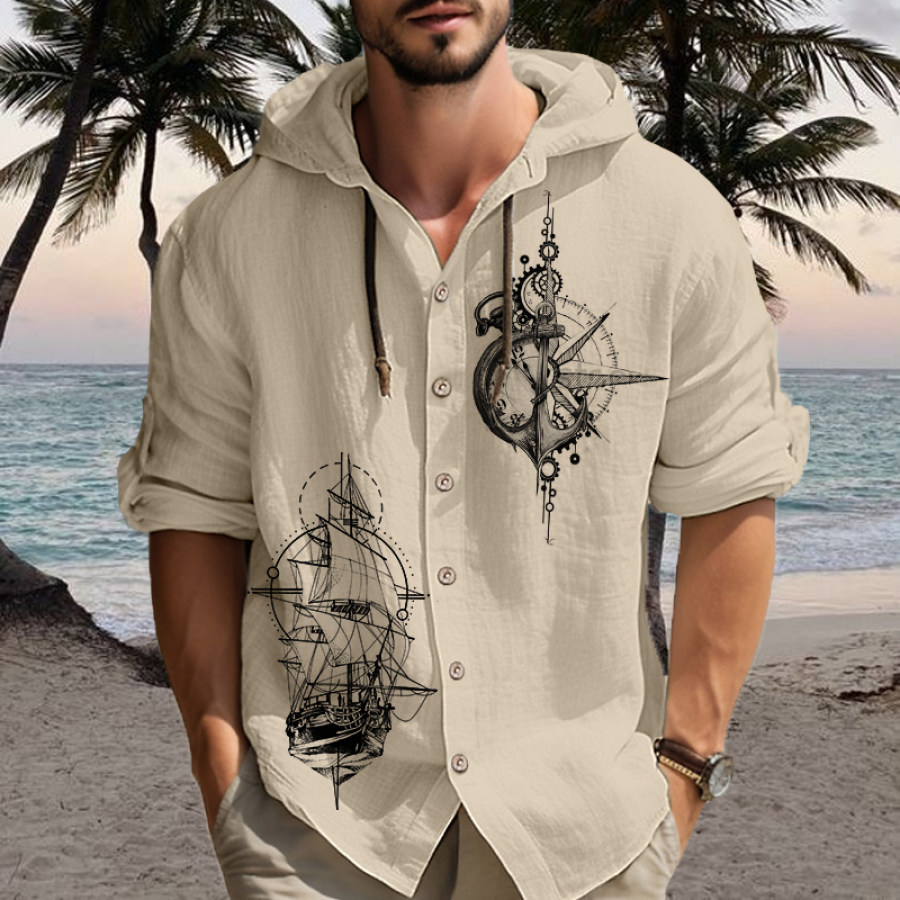 

Camisa De Lino De Manga Larga Con Capucha Y Botones Con Estampado De Brújula Náutica Para Hombre