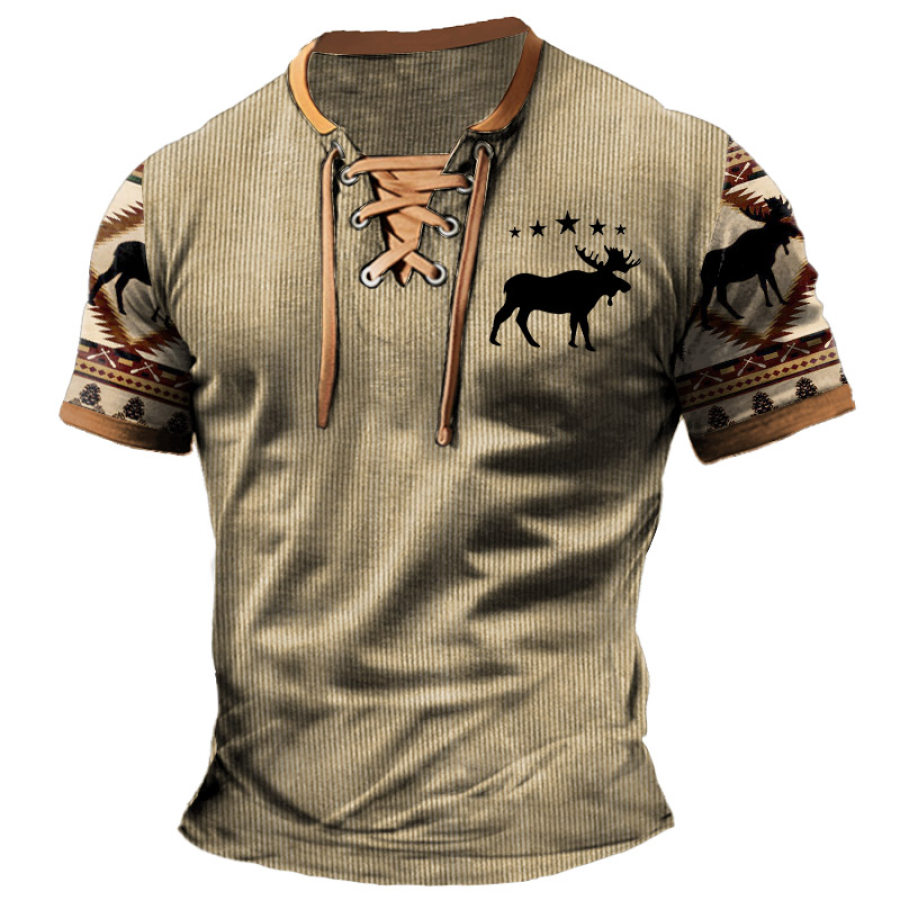 

Мужская легкая вельветовая винтажная футболка с короткими рукавами в рубчик Moose Creek в этническом стиле на шнуровке