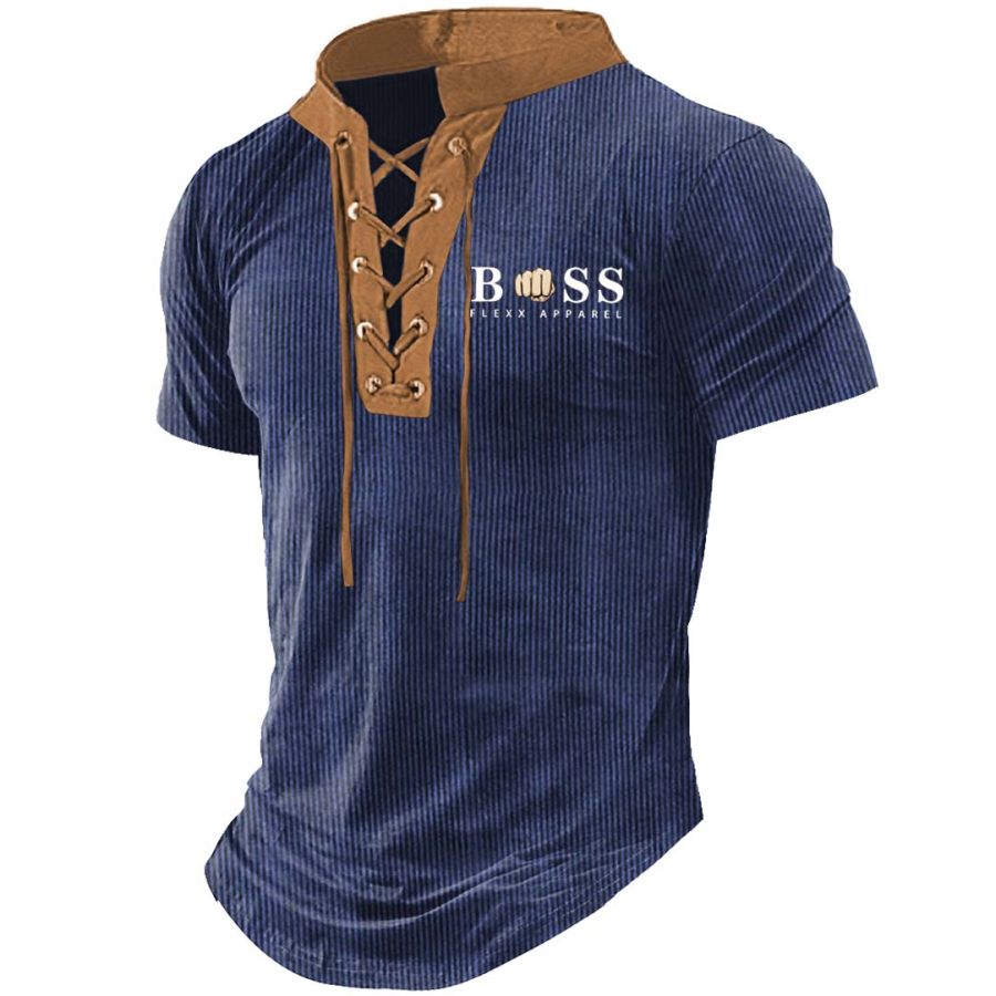 

Men's T-Shirt Boss Vintage Ribbed Lightweight Corduroy Lace-Up Stand Collar Short Sleeve Color Block Summer Daily Tops