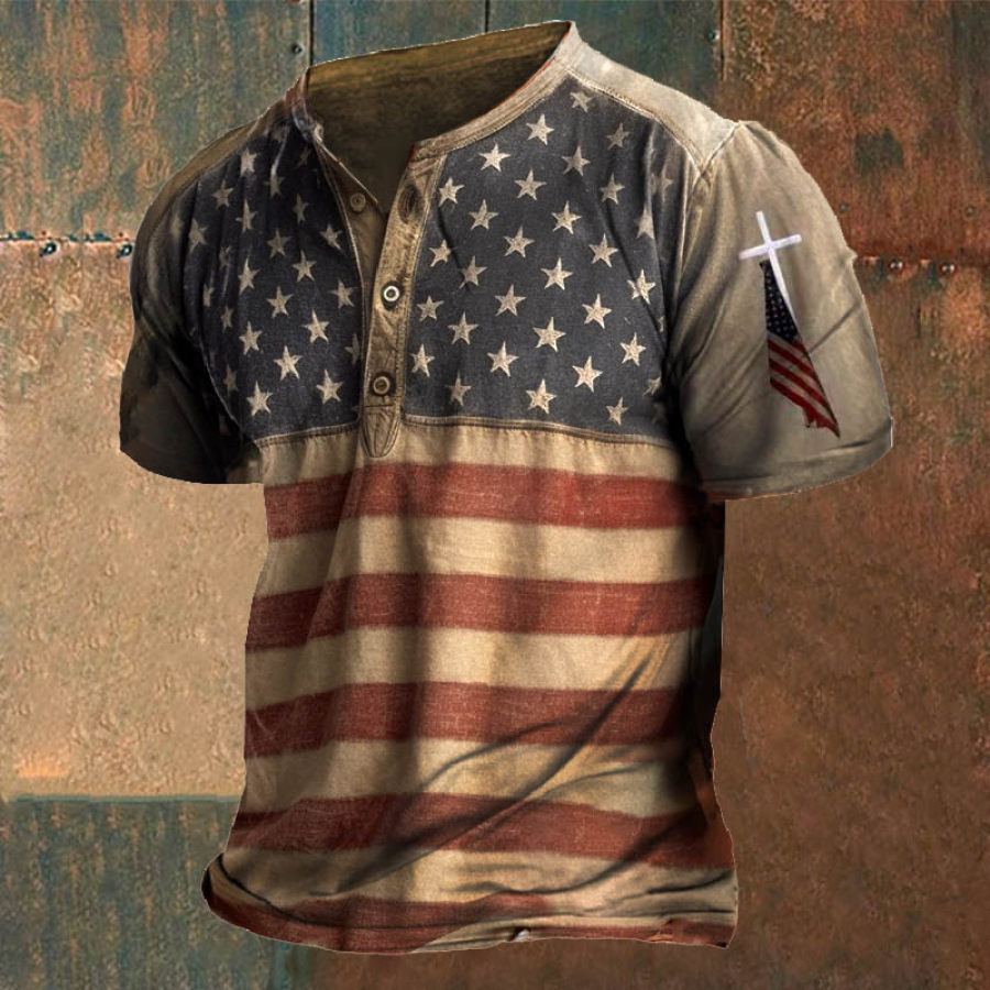 

T-shirt Décontracté à Manches Courtes Pour Hommes Vintage Drapeau Américain Croix Patriotique Henley