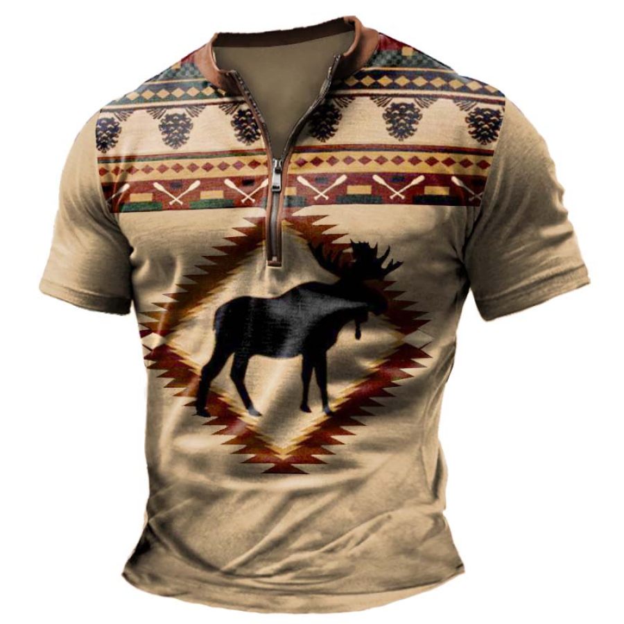 

Men's Vintage Moose Ethnic Zipper Henley Collar T-Shirt