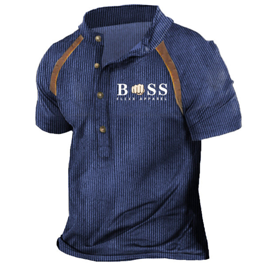 

Мужская футболка Boss в рубчик вязаный винтажный воротник-стойка с короткими рукавами и цветными блоками летние повседневные топы