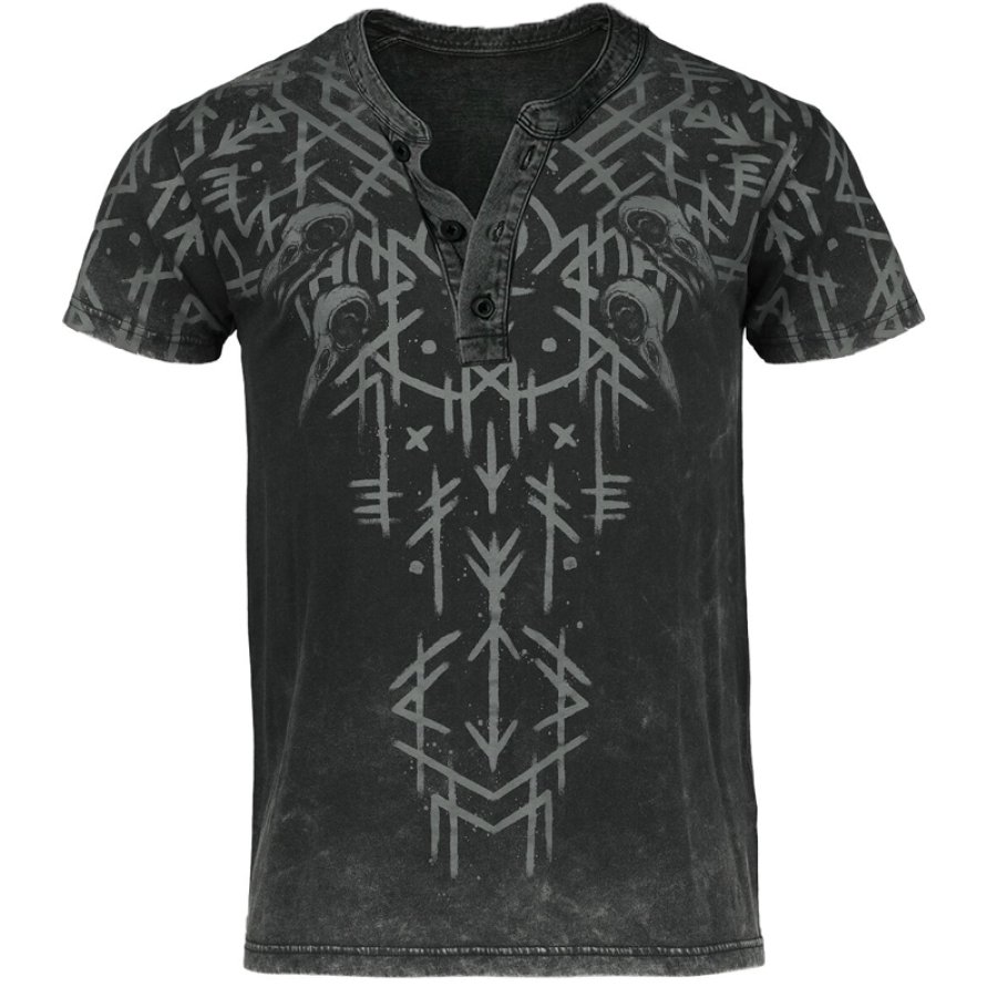 

T-shirt Henley Décontracté à Manches Courtes Imprimé Vintage Runes Et Crânes Pour Hommes