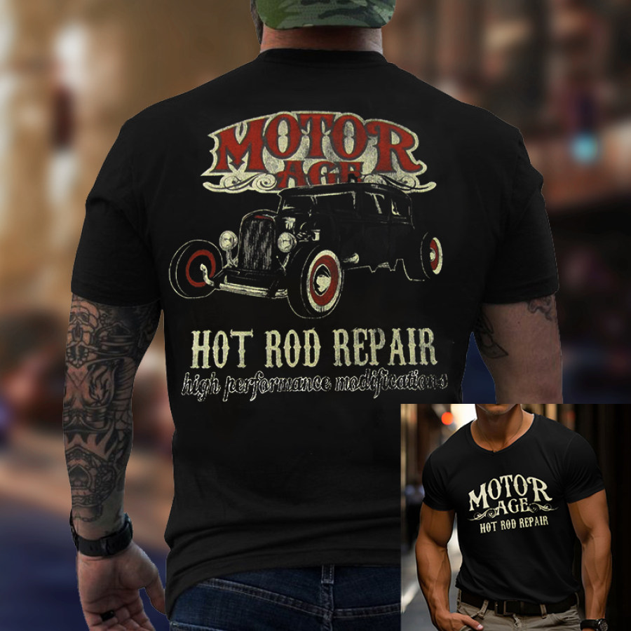 

Men's Motor Age Hot Rod Repair Vintage Print T-shirt